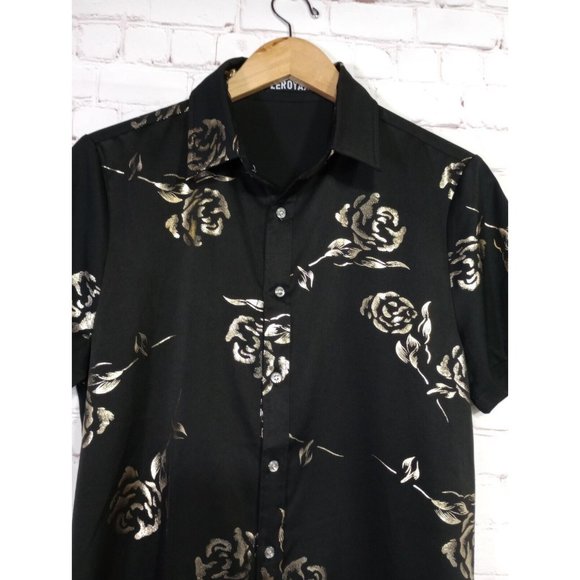 ZEROYAA Mens S Hipster Gold Rose Printed Slim Fit Short Sleeve Button Down - Picture 2 of 9